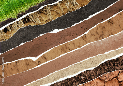Creative collage with torn photos pieces of soil layers below the grass. Illustration of geological structure of the earth
