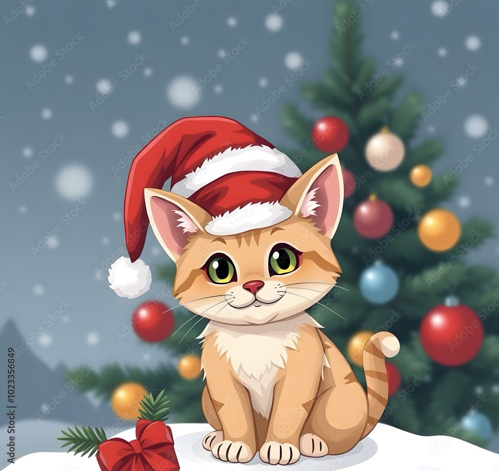 Kitten in Santa hat on the background of Christmas tree. Cartoon illustration. Festive mood of New Year and Christmas. Winter holiday concept with cat. Kitten in Santa hat on the background of Christmas tree. Cartoon illustration. Festive mood of New Year and Christmas. Winter holiday concept with cat.