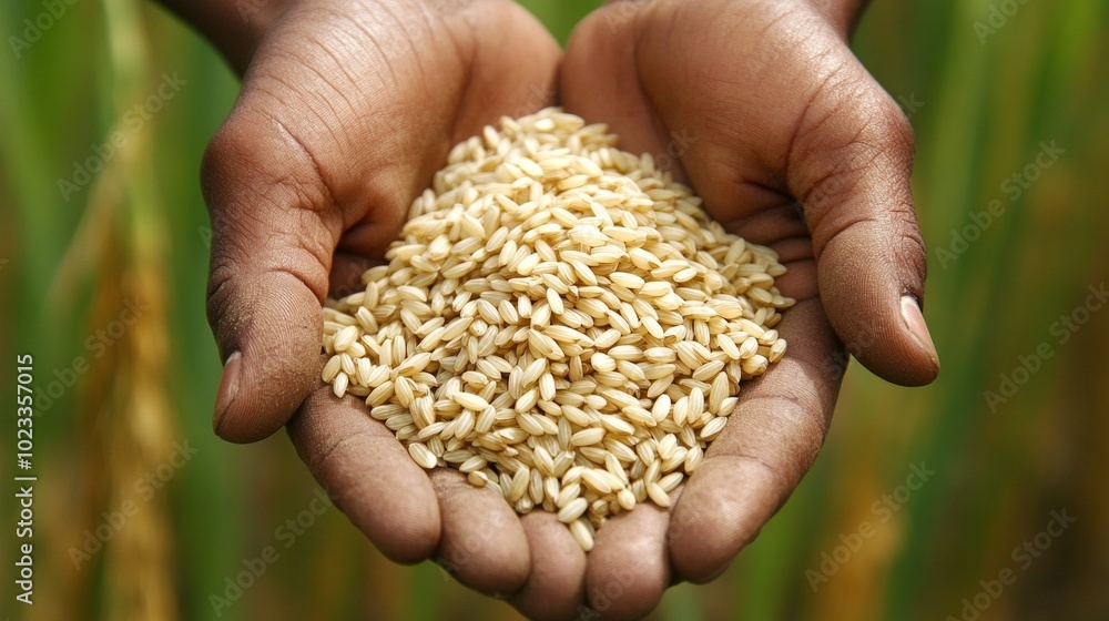 hand holding rice in the paddy. hand holding rice in the paddy.