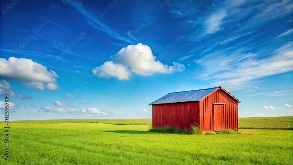 Grassy field with red shed and blue sky silhouette Grassy field with red shed and blue sky silhouette