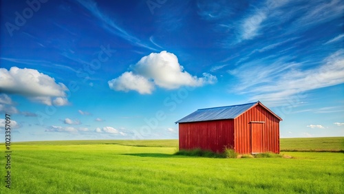 Grassy field with red shed and blue sky silhouette