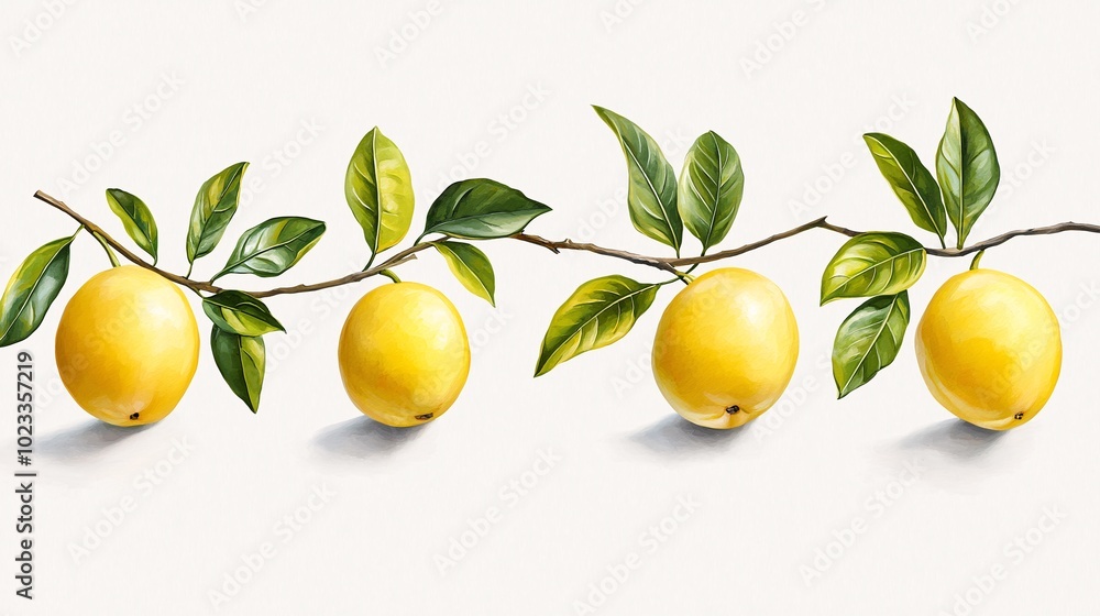 Fresh Lemons on Branch with Green Leaves Fresh Lemons on Branch with Green Leaves