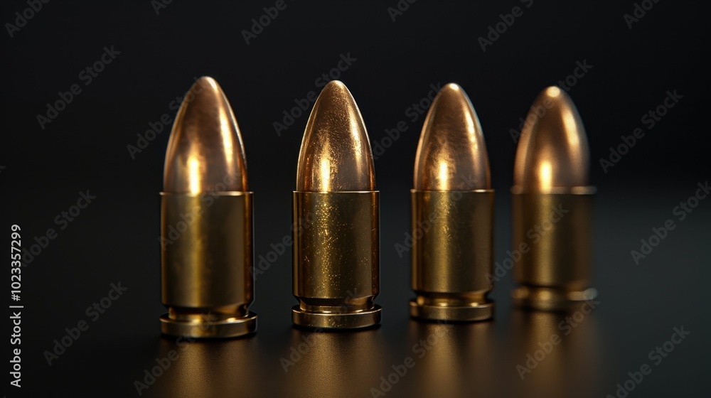 There are four gold bullets arranged neatly in a straight row There are four gold bullets arranged neatly in a straight row