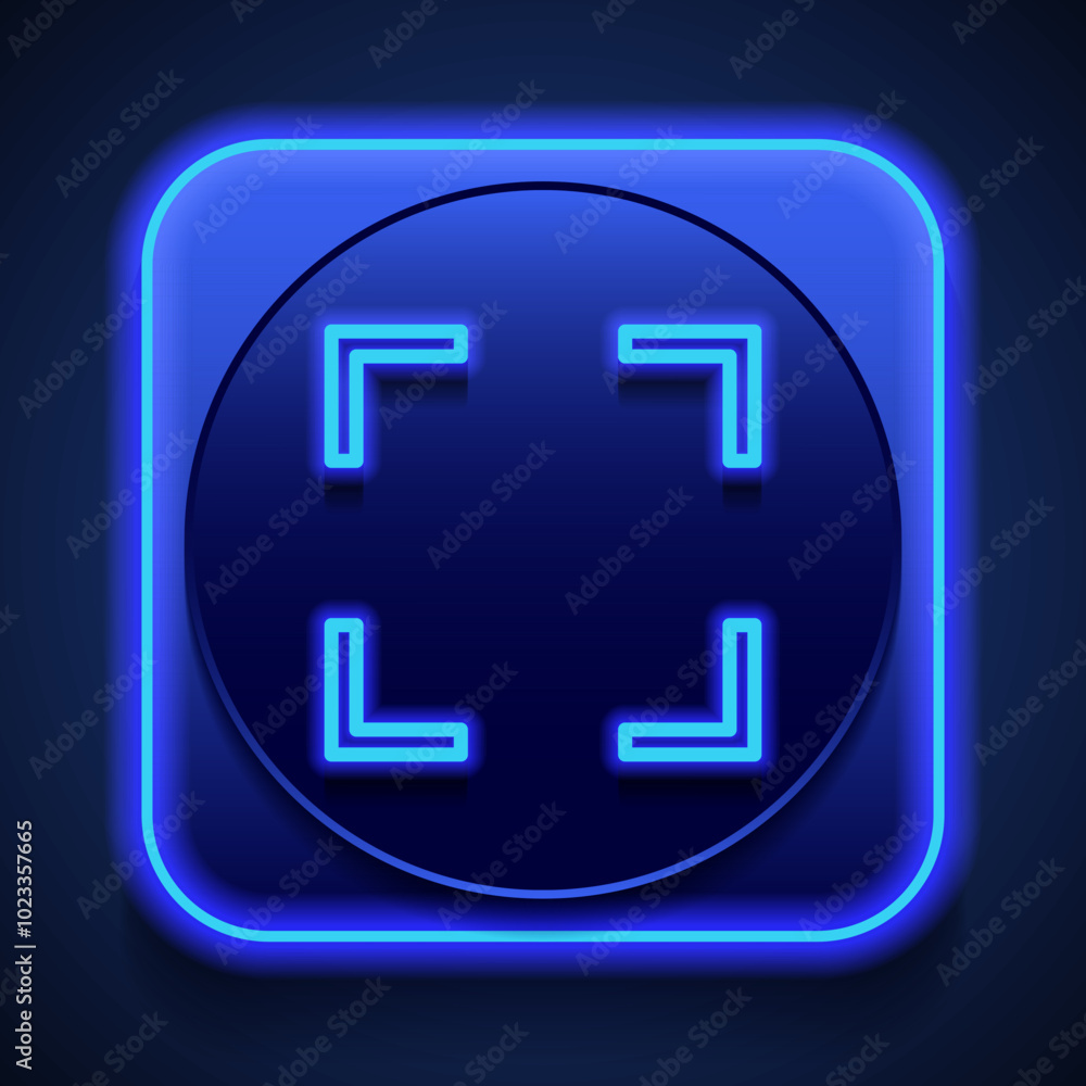 Focus, full screen simple icon vector. Flat design. Blue neon style on button. With shadow Focus, full screen simple icon vector. Flat design. Blue neon style on button. With shadow