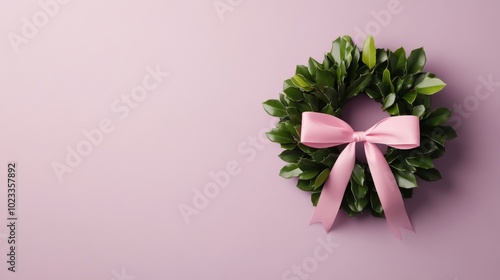 Pistachio green Christmas wreath with blush pink ribbons on a pale lilac background with empty space for text modern holiday theme 