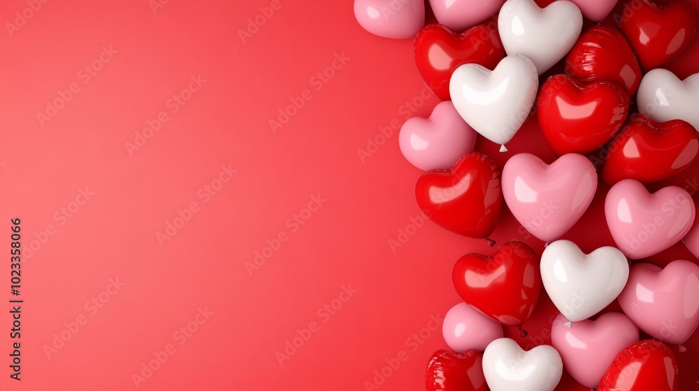Red and pink Valentine's day background with heart-shaped balloons floating, and a wide empty space for romantic messages in the center Red and pink Valentine's day background with heart-shaped balloons floating, and a wide empty space for romantic messages in the center