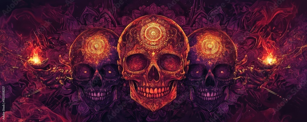 A striking visual of three vibrant skulls surrounded by mystical elements, ideal for themes of death, mysticism, and art. A striking visual of three vibrant skulls surrounded by mystical elements, ideal for themes of death, mysticism, and art.