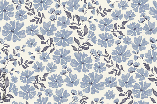 Blue floral pattern minimal Aster flowers seamless wallpaper background border vintage design Europe tapestry motifs style. Embroidery ikat textured vector illustration hand drawn.