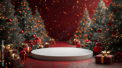 oliday Scene with Christmas Gift Boxes, Glowing Lights, and Snowy Trees – Graphic Design photo