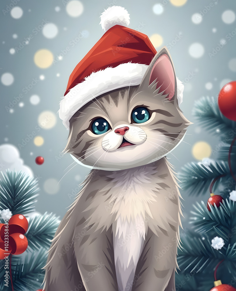 Kitten in Santa hat on the background of Christmas tree. Cartoon illustration. Festive mood of New Year and Christmas. Winter holiday concept with cat. Kitten in Santa hat on the background of Christmas tree. Cartoon illustration. Festive mood of New Year and Christmas. Winter holiday concept with cat.