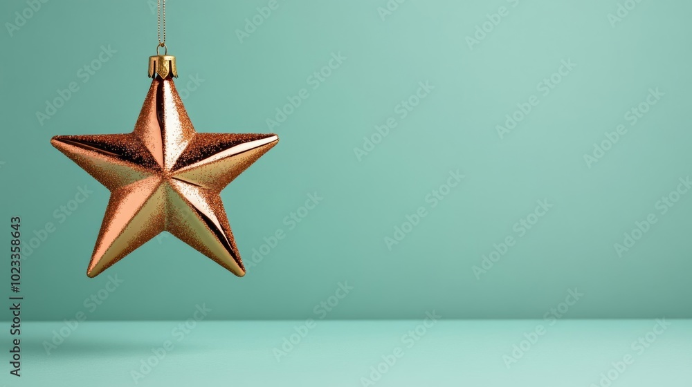 Rose-gold Christmas star ornament on a soft mint background with negative space for festive messages modern minimalist décor Rose-gold Christmas star ornament on a soft mint background with negative space for festive messages modern minimalist décor