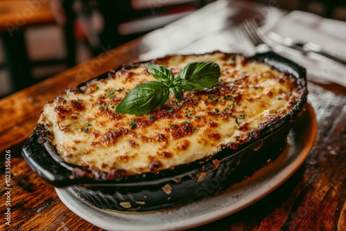 A dish of cheesy pasta topped with basil. photo