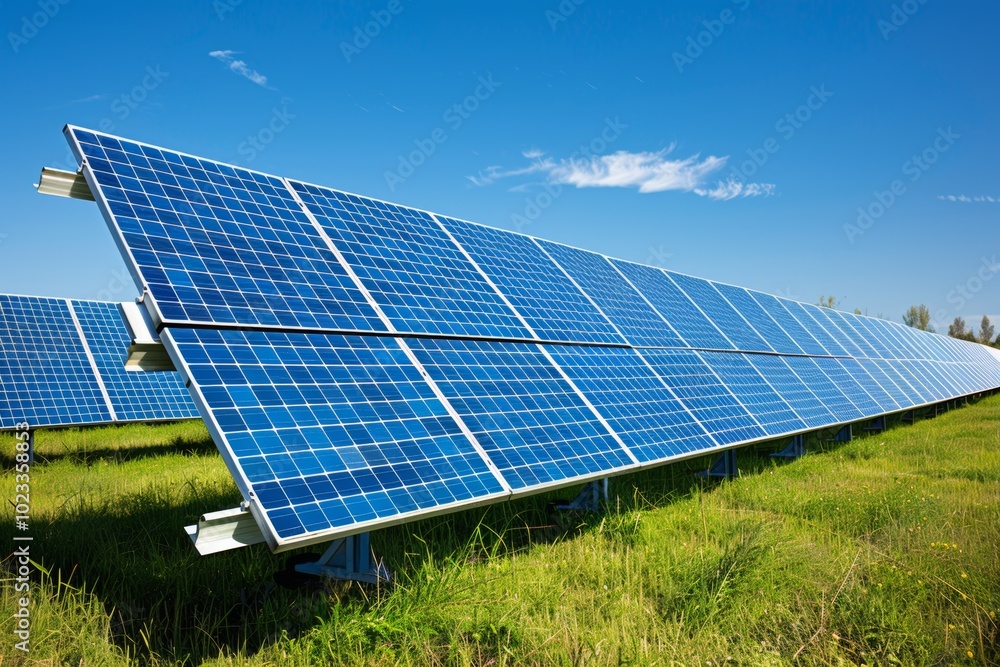 A row of solar panels in a field, capturing the sun's energy for a sustainable future.