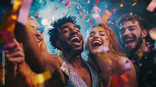 Friends in festive outfits enjoying a themed party, surrounded by colorful streamers and laughter.