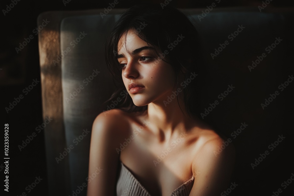 Naklejka premium A serene portrait of a young woman lost in thought. The soft light creates a calm atmosphere. This artwork captures emotions beautifully. Generative AI