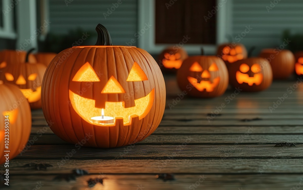 A closeup of a glowing jackolantern placed on a porch with more carved pumpkins surrounding it The candlelight inside flickers A closeup of a glowing jackolantern placed on a porch with more carved pumpkins surrounding it The candlelight inside flickers