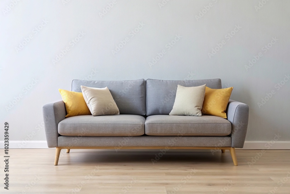 Gray fabric sofa, yellow and white pillows against wall Gray fabric sofa, yellow and white pillows against wall