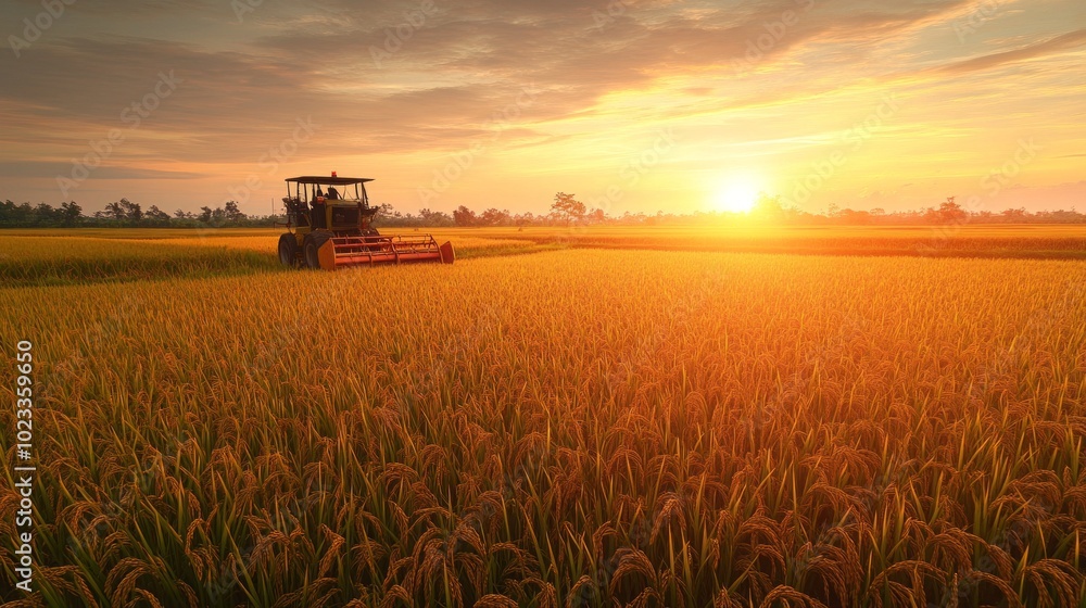 Fototapeta premium Modern rice harvester working in a golden rice field during sunset. Ideal for agriculture, farming technology, and rural life themes.