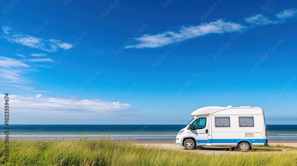Camper van parked by the beach under a clear blue sky, surrounded by green grass. Travel and holiday.