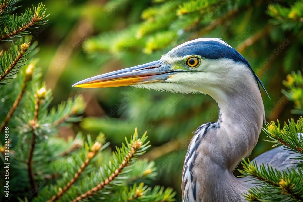 Gray heron peeping through coniferous tree branches from low angle view Gray heron peeping through coniferous tree branches from low angle view