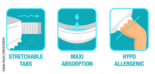 Diapers icons - stretchable, absorption, allergy