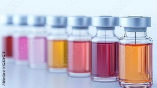 A row of glass vials filled with different colored liquids, representing medical research or vaccinations