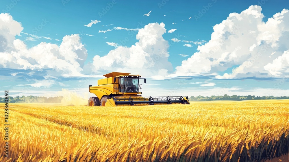 Fototapeta premium Rice farming in a traditional landscape with modern harvesting equipment. Perfect for the balance of tradition and technology in agricultural development. 