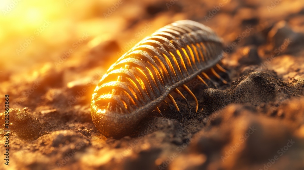 Fossilized trilobite illuminated by warm sunlight on a rocky surface, AI Fossilized trilobite illuminated by warm sunlight on a rocky surface, AI