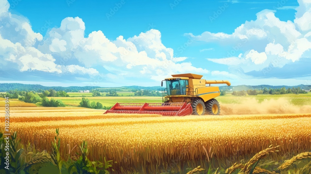 Fototapeta premium Rice farming in a traditional landscape with modern harvesting equipment. Perfect for the balance of tradition and technology in agricultural development. 