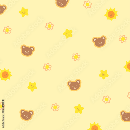 Cute pattern of teddy bear, flower, star, sun on pastel yellow background for animal print, wallpaper, backdrop, gift wrap, packaging, souvenir shop, summer fabric, pet clothes, paper design, card