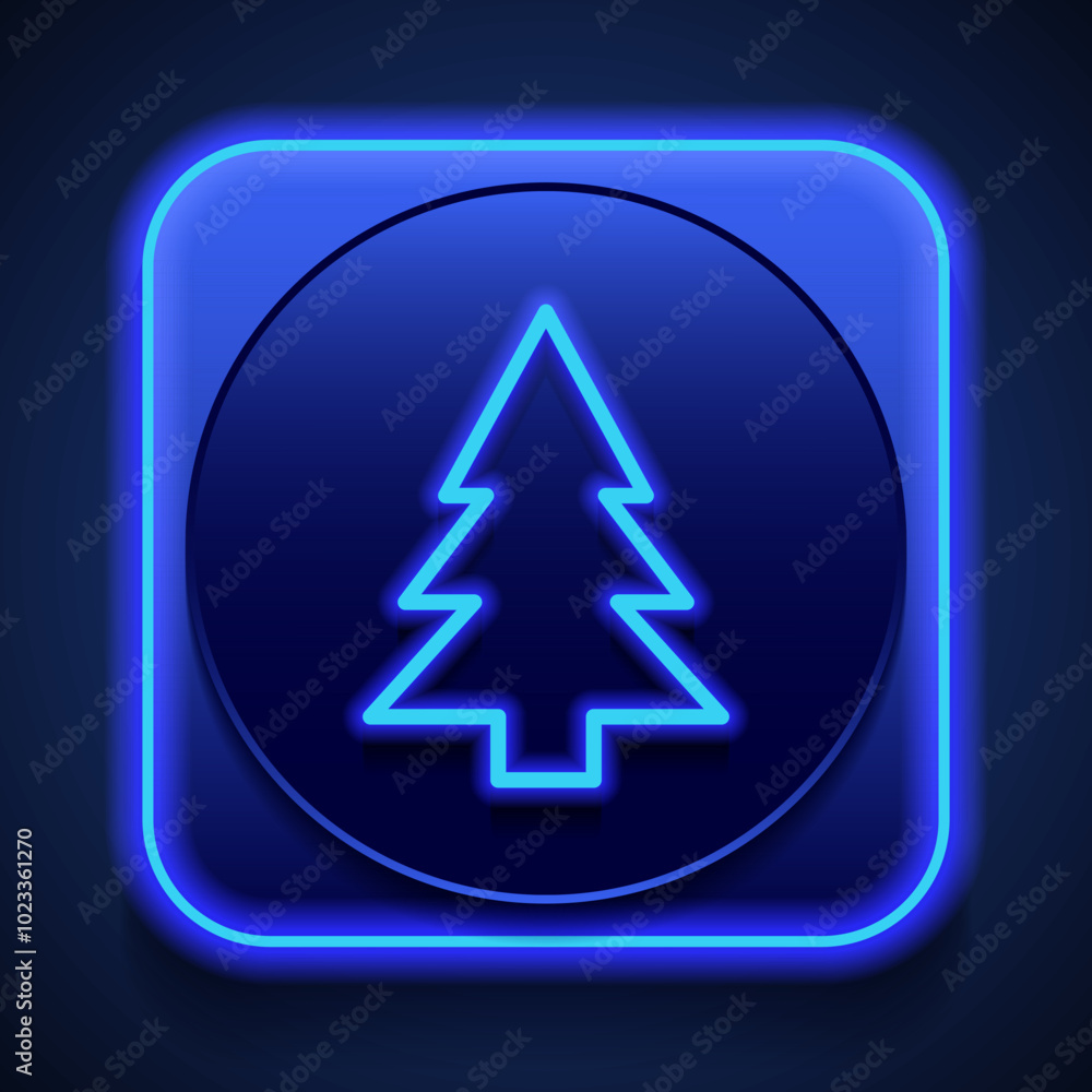Christmas tree simple icon vector. Flat design. Blue neon style on button. With shadow Christmas tree simple icon vector. Flat design. Blue neon style on button. With shadow