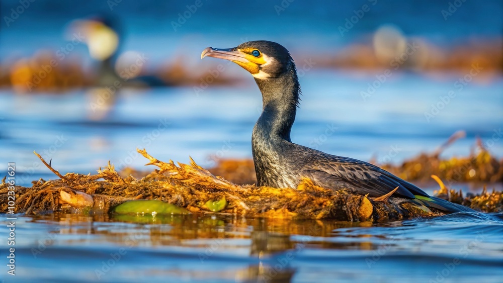 Great cormorant Phalacrocorax carbo swimming in water with seaweed Great cormorant Phalacrocorax carbo swimming in water with seaweed