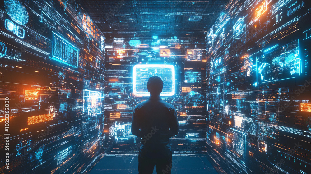 Advanced Technology: AI Holograms and Data Streams Surrounding a Person Generative AI Advanced Technology: AI Holograms and Data Streams Surrounding a Person Generative AI