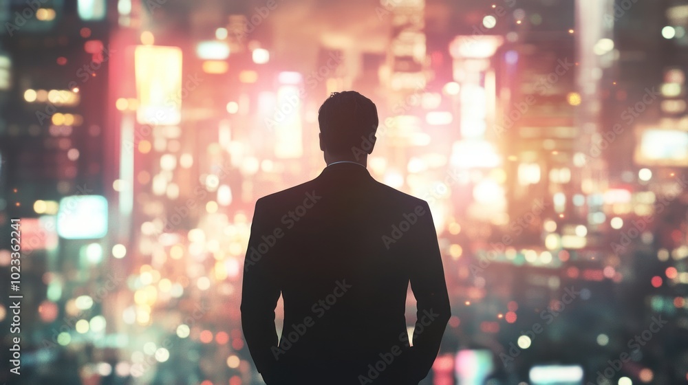 A silhouetted figure in a suit gazes over a vibrant cityscape at night. A silhouetted figure in a suit gazes over a vibrant cityscape at night.