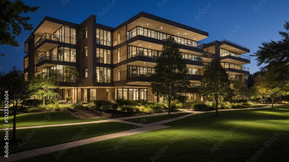 Modern apartment complex with glass balconies and evening lights illuminating the buildings facade. Modern apartment complex with glass balconies and evening lights illuminating the buildings facade.