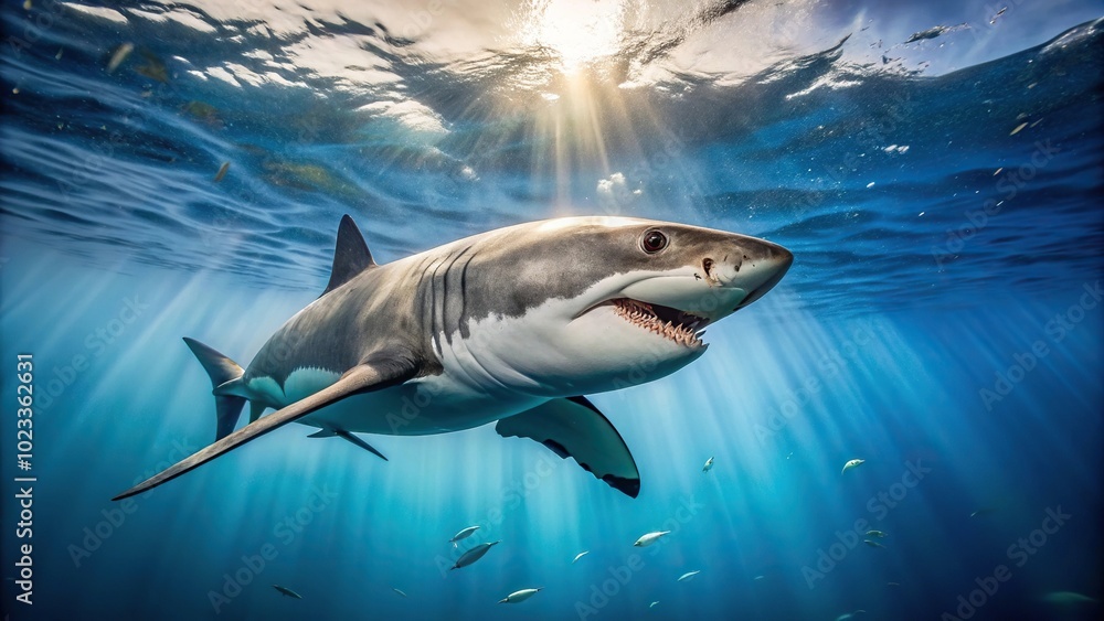 Naklejka premium Great White shark underwater looking up towards surface of ocean