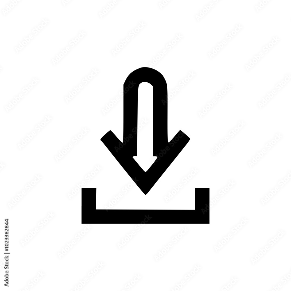 Simple black download icon with arrow pointing down into a square on a white background. Simple black download icon with arrow pointing down into a square on a white background.