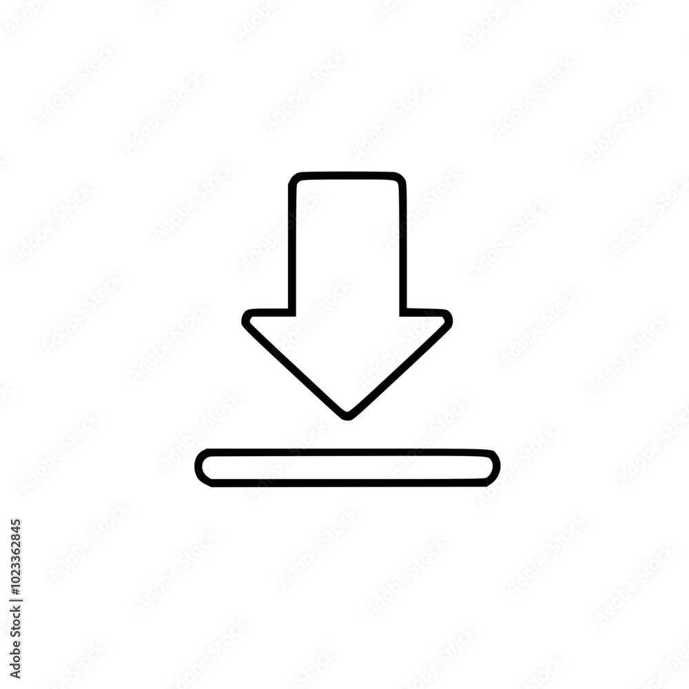 Simple black and white download icon featuring a downward arrow above a horizontal line, symbolizing the action of downloading digital files or content.