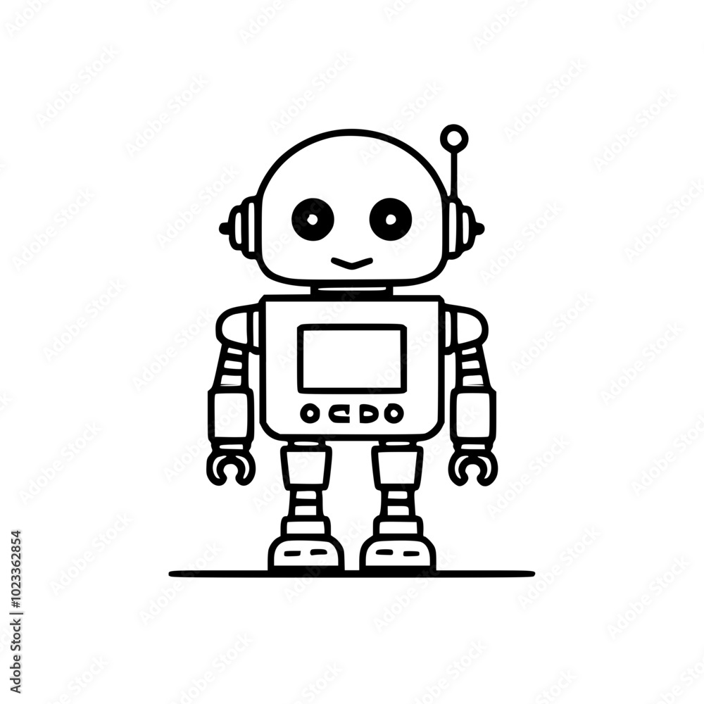 Minimalist illustration of a cute robot with antennas and round eyes, outlined in black on a white background. Minimalist illustration of a cute robot with antennas and round eyes, outlined in black on a white background.