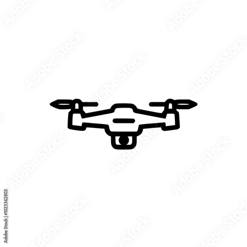 Minimalist black and white icon of a drone with four rotors, depicted in a simple line art style on a white background.