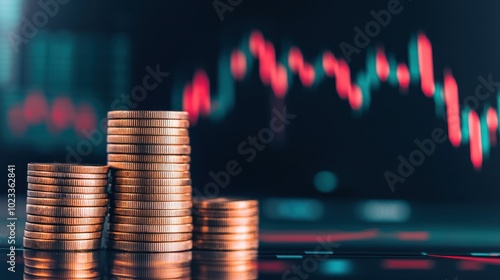 Piles of stacked coins are set against a blurred financial graph, illustrating market fluctuations. this economic concept represents investment growth and volatility.