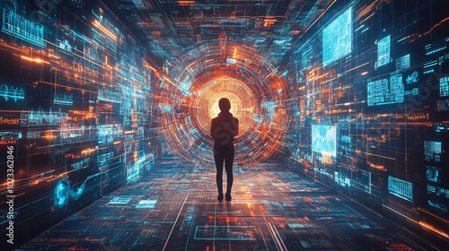 Wallpaper Mural Person Immersed in Data Streams and AI-Generated Holograms for Real-Time Tech Generative AI Torontodigital.ca