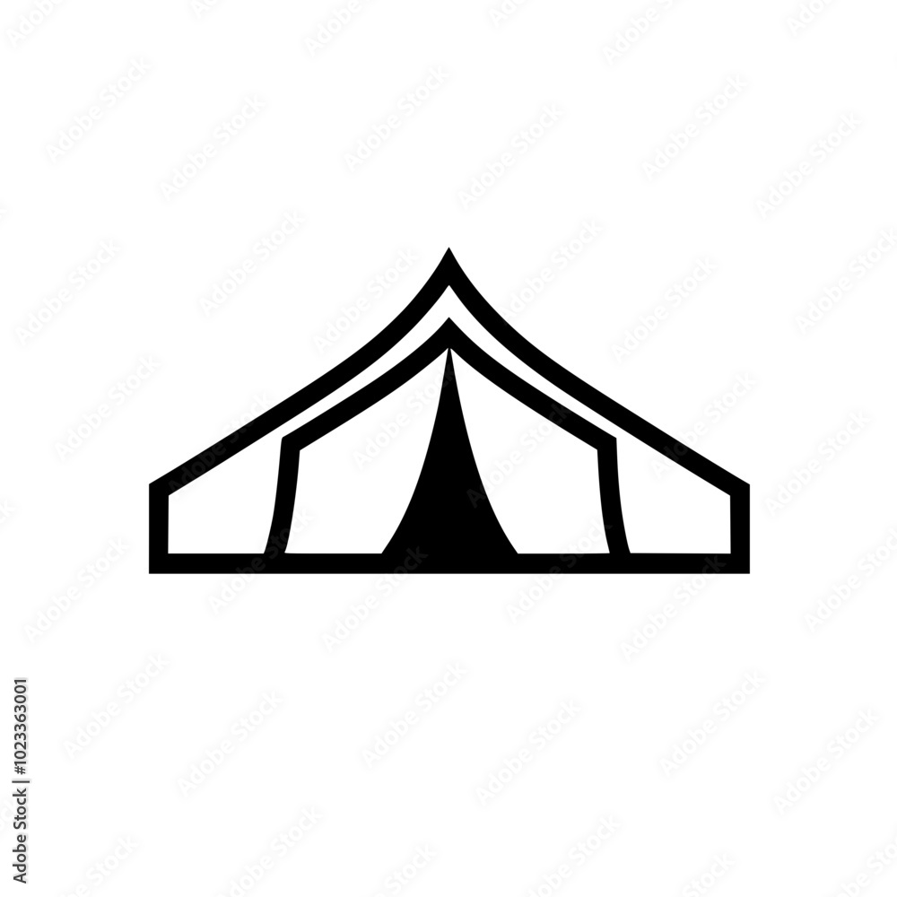 Minimalist black and white icon depicting a classic tent with simple lines against a clear white background. Minimalist black and white icon depicting a classic tent with simple lines against a clear white background.
