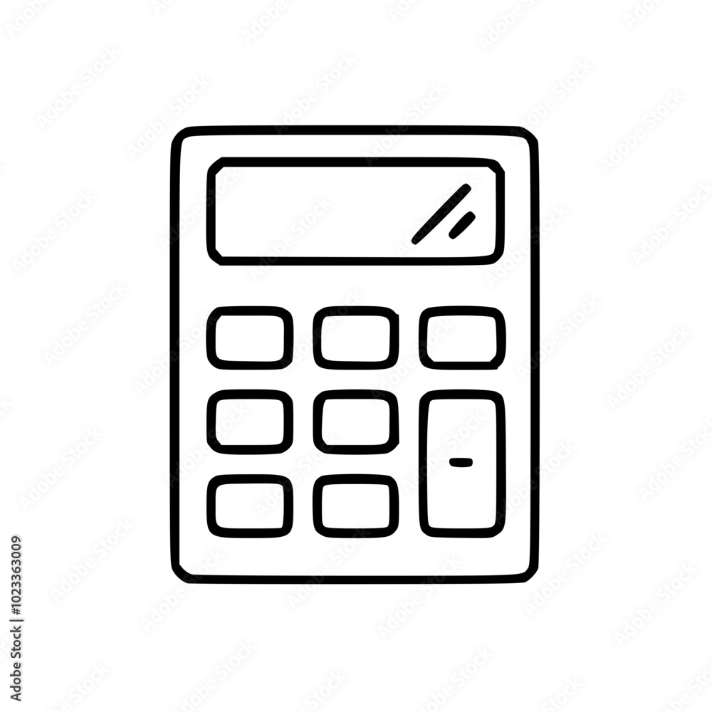 Simple black and white illustration of a calculator with a display and buttons drawn in a minimalist style. Simple black and white illustration of a calculator with a display and buttons drawn in a minimalist style.