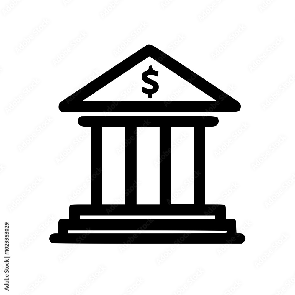 Black and white icon of a bank building with classical pillars and a dollar symbol, representing financial institutions, banking, and economics. Black and white icon of a bank building with classical pillars and a dollar symbol, representing financial institutions, banking, and economics.