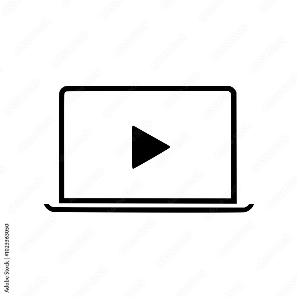 Minimalistic black laptop icon with a central play button symbol, representing digital media streaming or video playback functionality on a device. Minimalistic black laptop icon with a central play button symbol, representing digital media streaming or video playback functionality on a device.