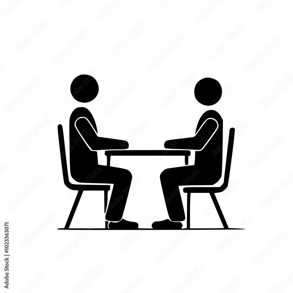 Silhouette of two figures seated at a table, depicting a meeting or conversation in a minimalist style. Silhouette of two figures seated at a table, depicting a meeting or conversation in a minimalist style.