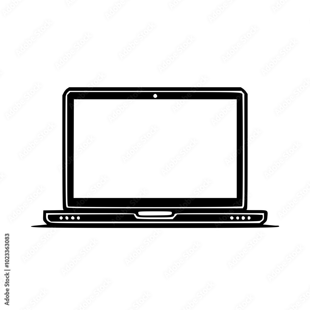 Minimalistic black and white icon of an open laptop with a blank screen, representing technology and connectivity. Minimalistic black and white icon of an open laptop with a blank screen, representing technology and connectivity.