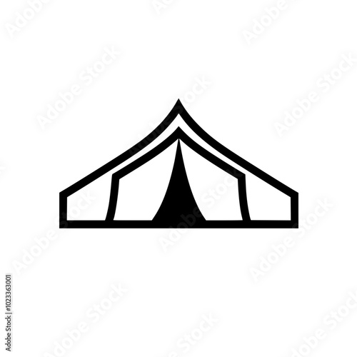 Minimalist black and white icon depicting a classic tent with simple lines against a clear white background.