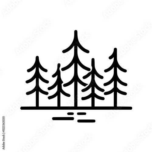 Minimalist illustration of a pine tree forest in simple black lines on a white background.